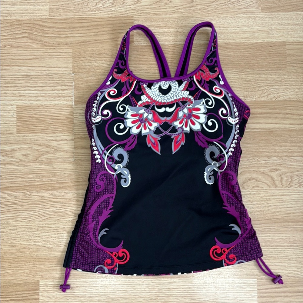 Athleta Purple Black Pink Print Adjustable Ruched Tankini Swim Top Built In Bra - Picture 2 of 9